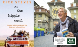 Rick Steves traveling through Europe alongside book cover On the Hippie Hill. 