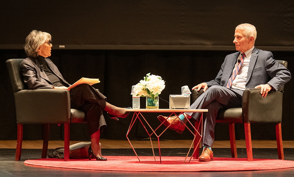 Dr. Anthony Fauci talks with former U.S. Senator Barbara Boxer at a Dominican University of California ILS Lecture Series event.