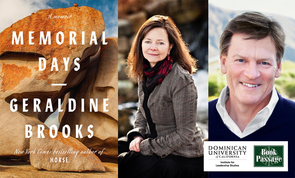 Geraldine Brooks headshot along with Memorial Days book cover. Michael Lewis headshot also included.